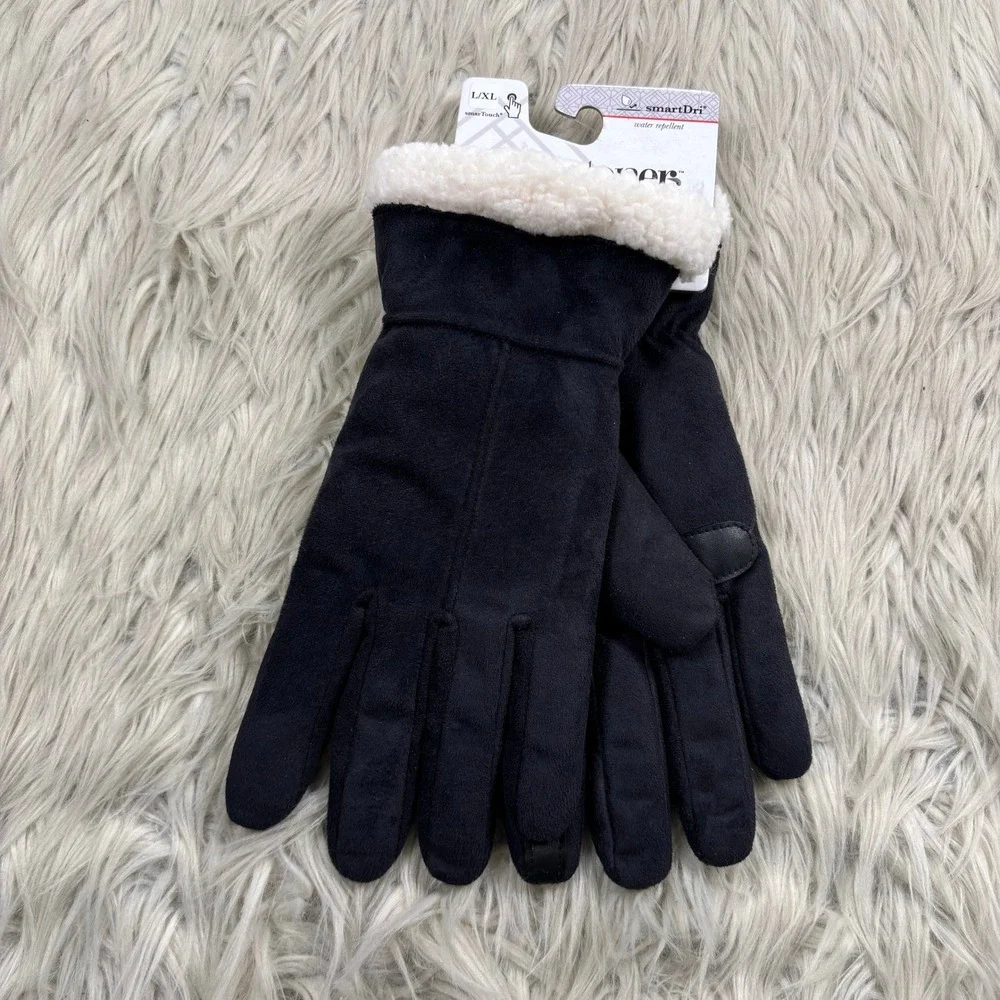 NWT Isotoner Women's L / XL Black SmartDri Faux Suede Fleece Lined Gloves